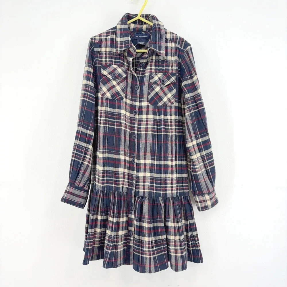Ralph Lauren Navy Blue Red Plaid Flannel Drop Waist Pleated Shirt Dress Girls 7